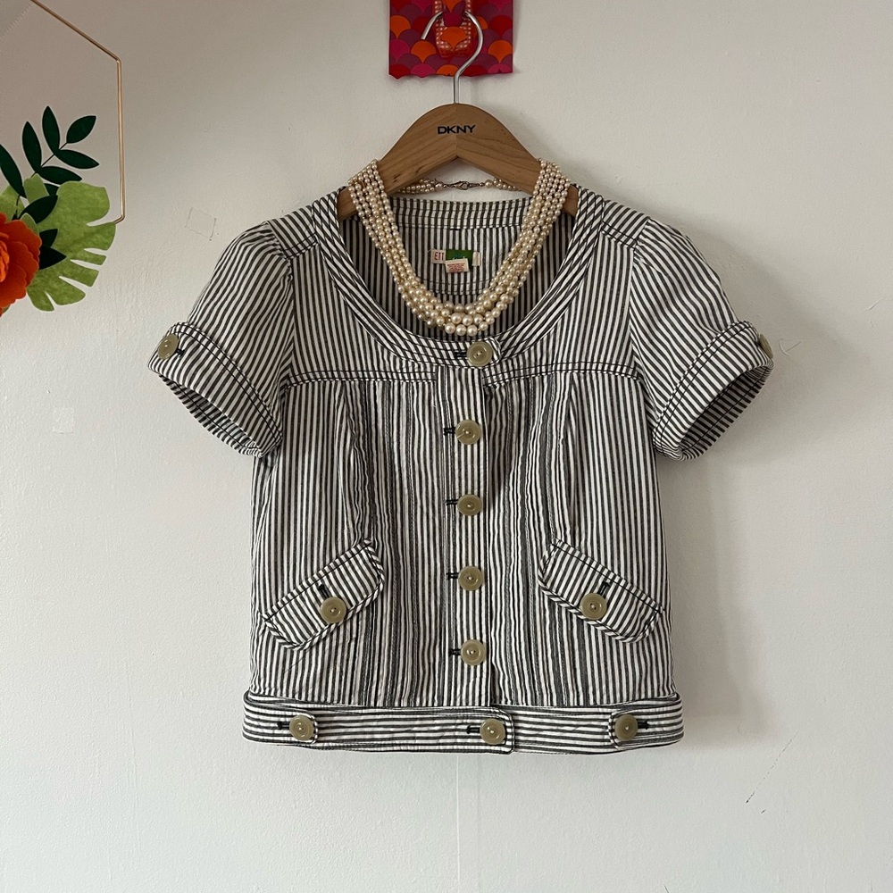 EUC Ett Twa Anthropologie sz 4 jacket short sleeve sailor stripe buttons pockets